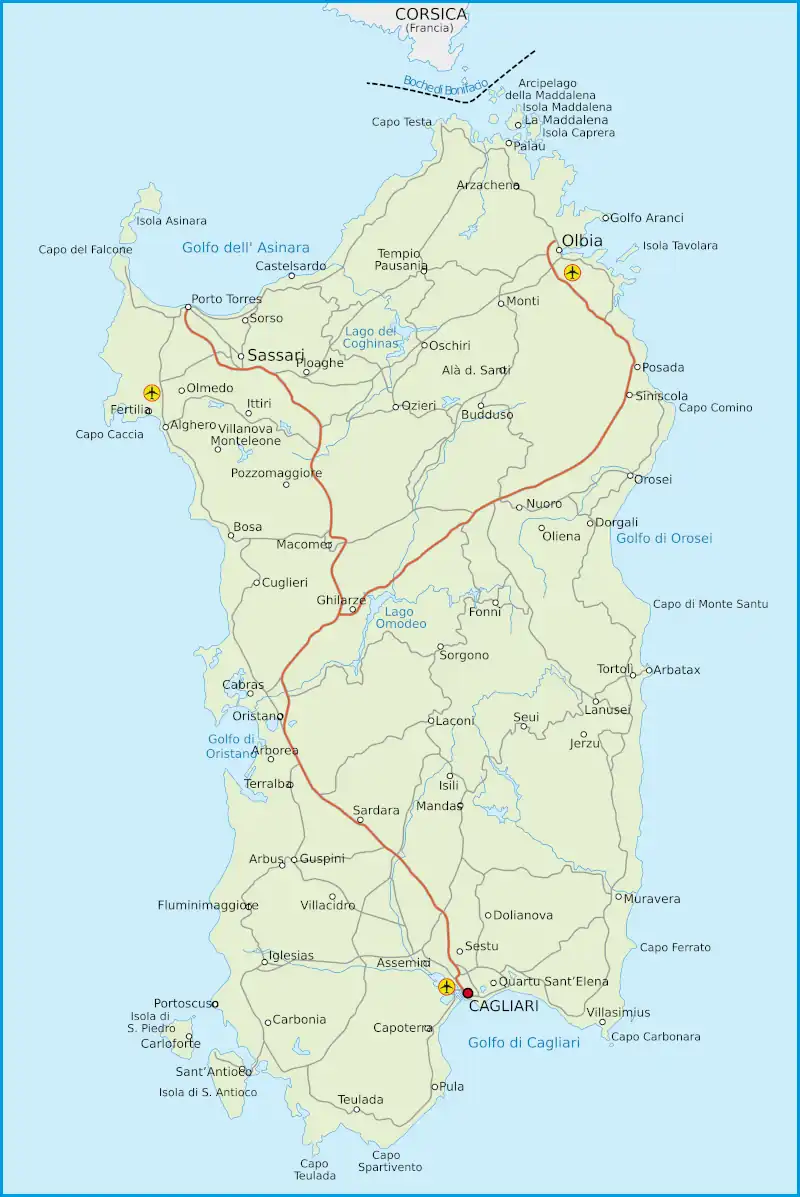 Karte von Sardinien mit Städten und Orten.