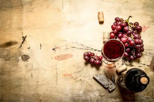 Rotwein mit Trauben und Korken.