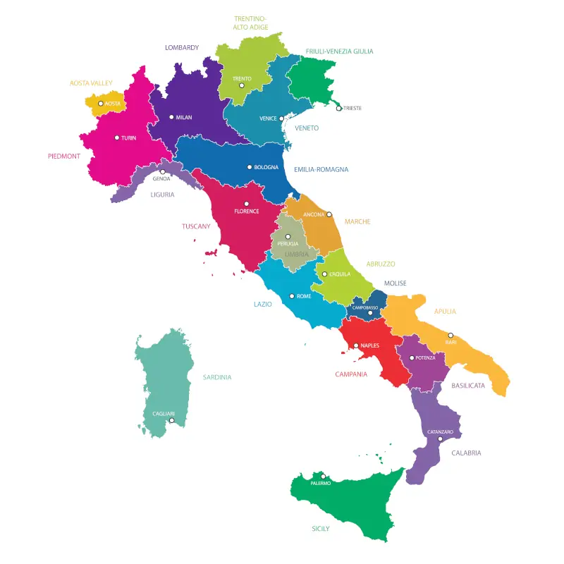 Italien mit Regionen und Städten auf einer Karte.