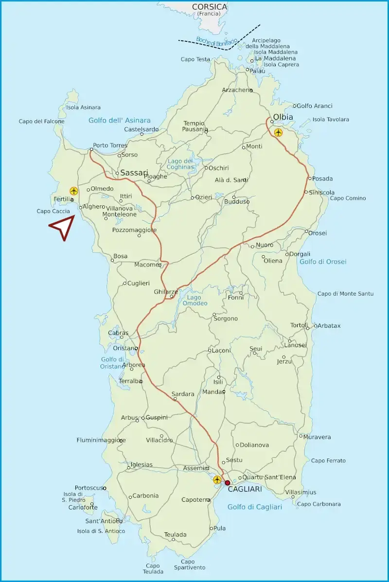Karte von Sardinien mit Städten und Orten.