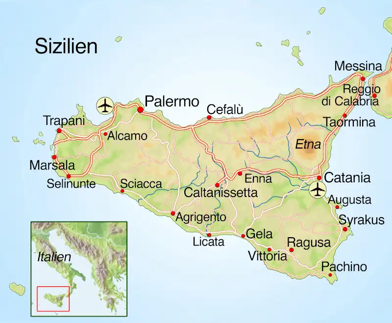 Landkarte von Sizilien mit Orten und Städten.